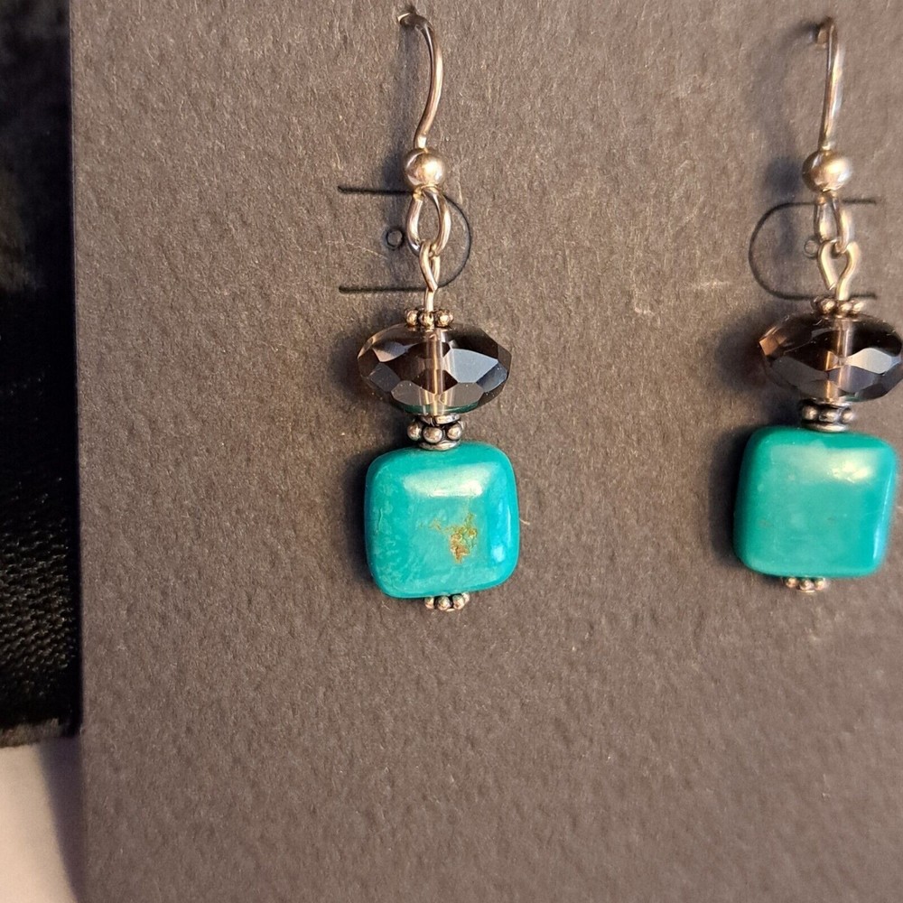 Handmade Turquoise Smoky Quartz Dangle Earrings Natural Gemstone - Picture 2 of 4